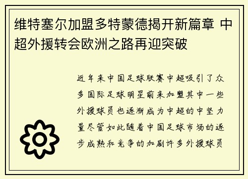 维特塞尔加盟多特蒙德揭开新篇章 中超外援转会欧洲之路再迎突破